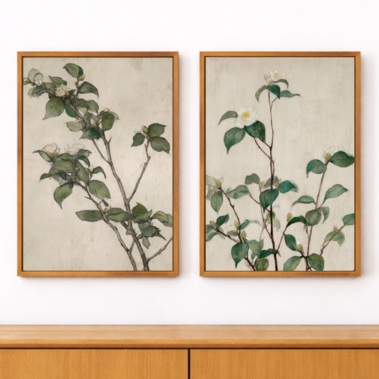 Two framed botanical prints of green leaves and branches on a white wall.