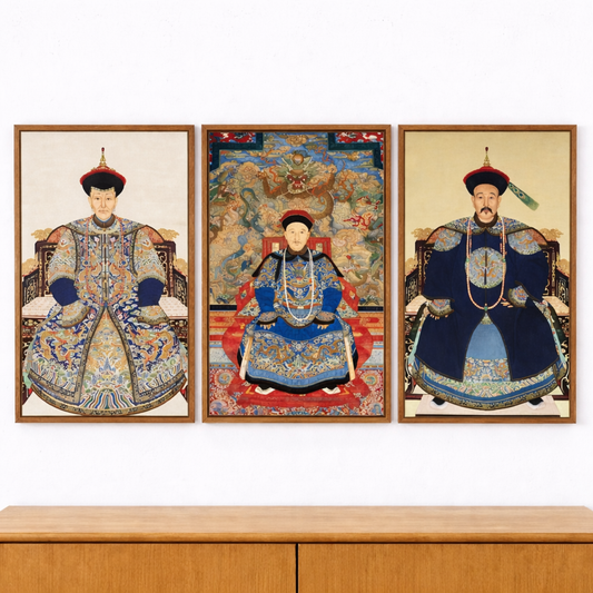 Three framed portraits of a person in traditional attire on a wooden shelf.