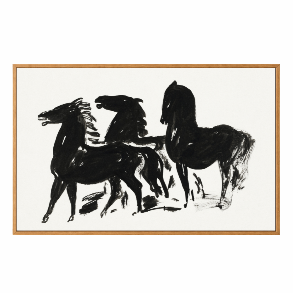 Framed Canvas Print ~ Drie Zwarte Paarden