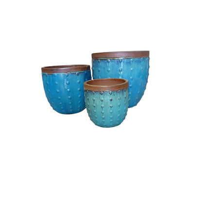 Large Blue Bobble Glazed Planter Sets