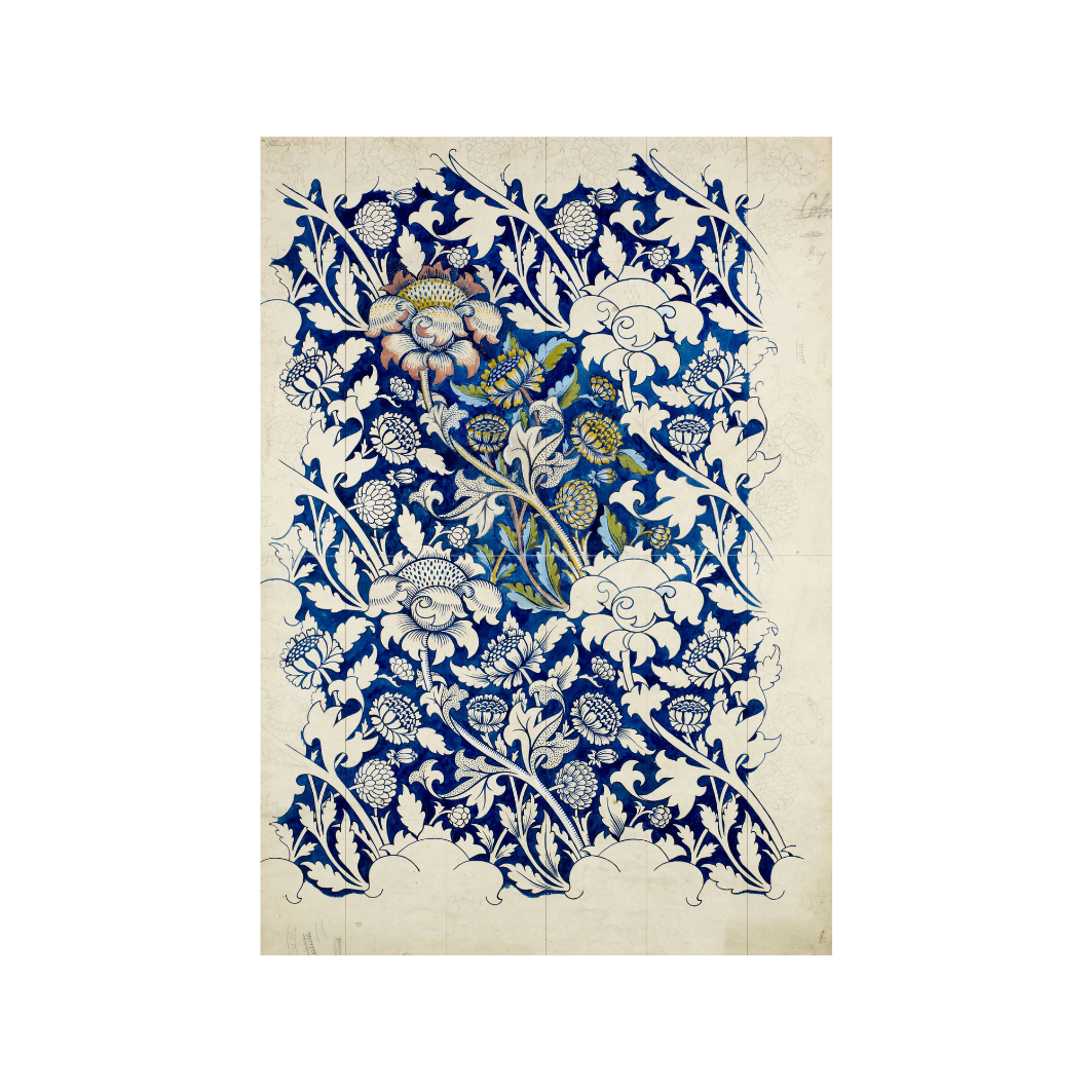 Floral patterned fabric with blue and white flowers on a beige background