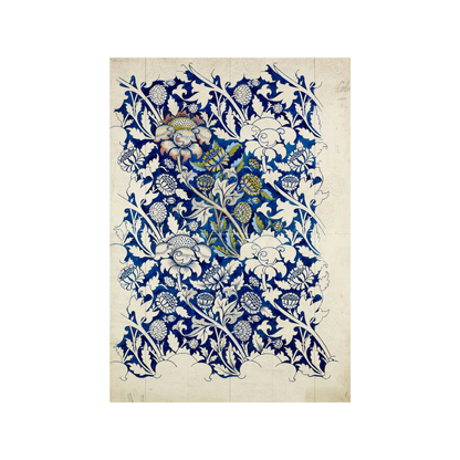 Floral patterned fabric with blue and white flowers on a beige background