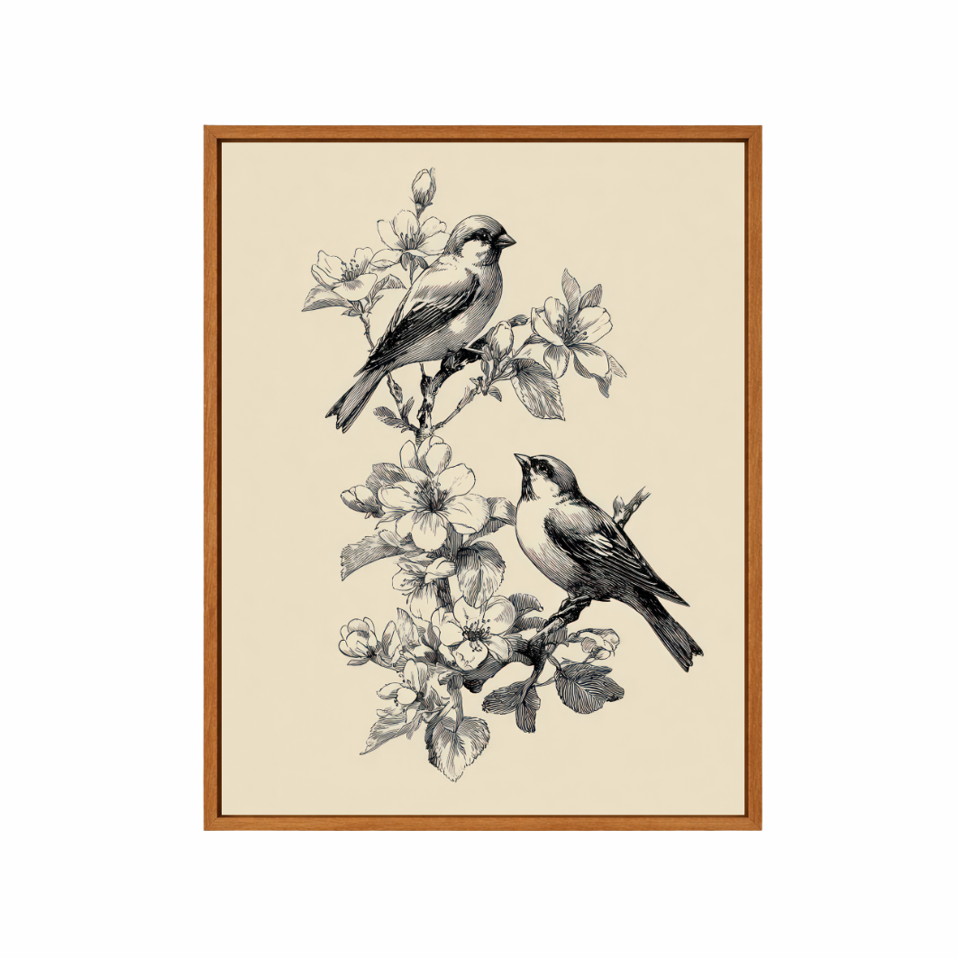 Framed artwork of two birds on a branch with flowers on a beige background