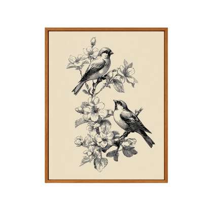 Framed artwork of two birds on a branch with flowers on a beige background