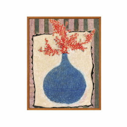 Decorative rug with a blue vase and red flowers on a striped background