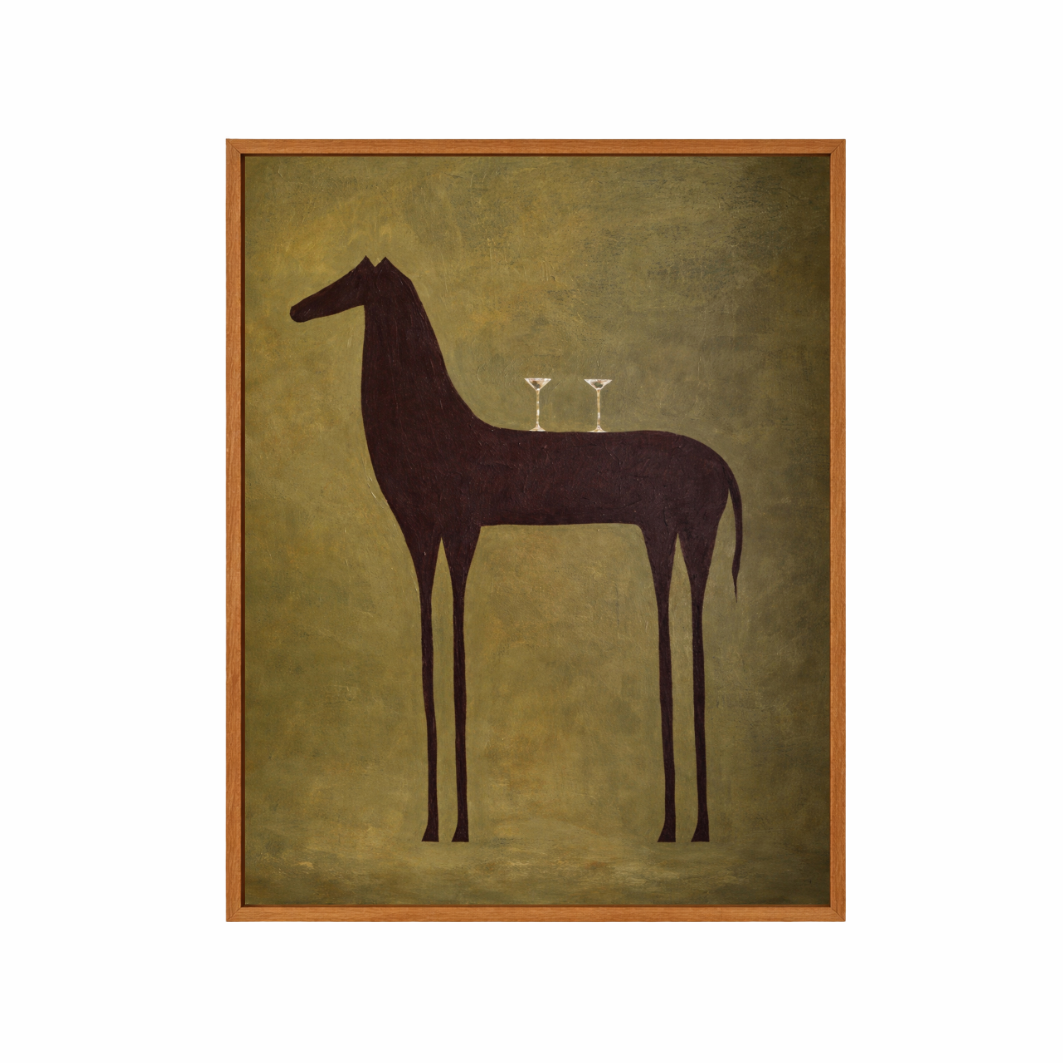 Framed artwork of a horse silhouette with two martini glasses on a textured green background