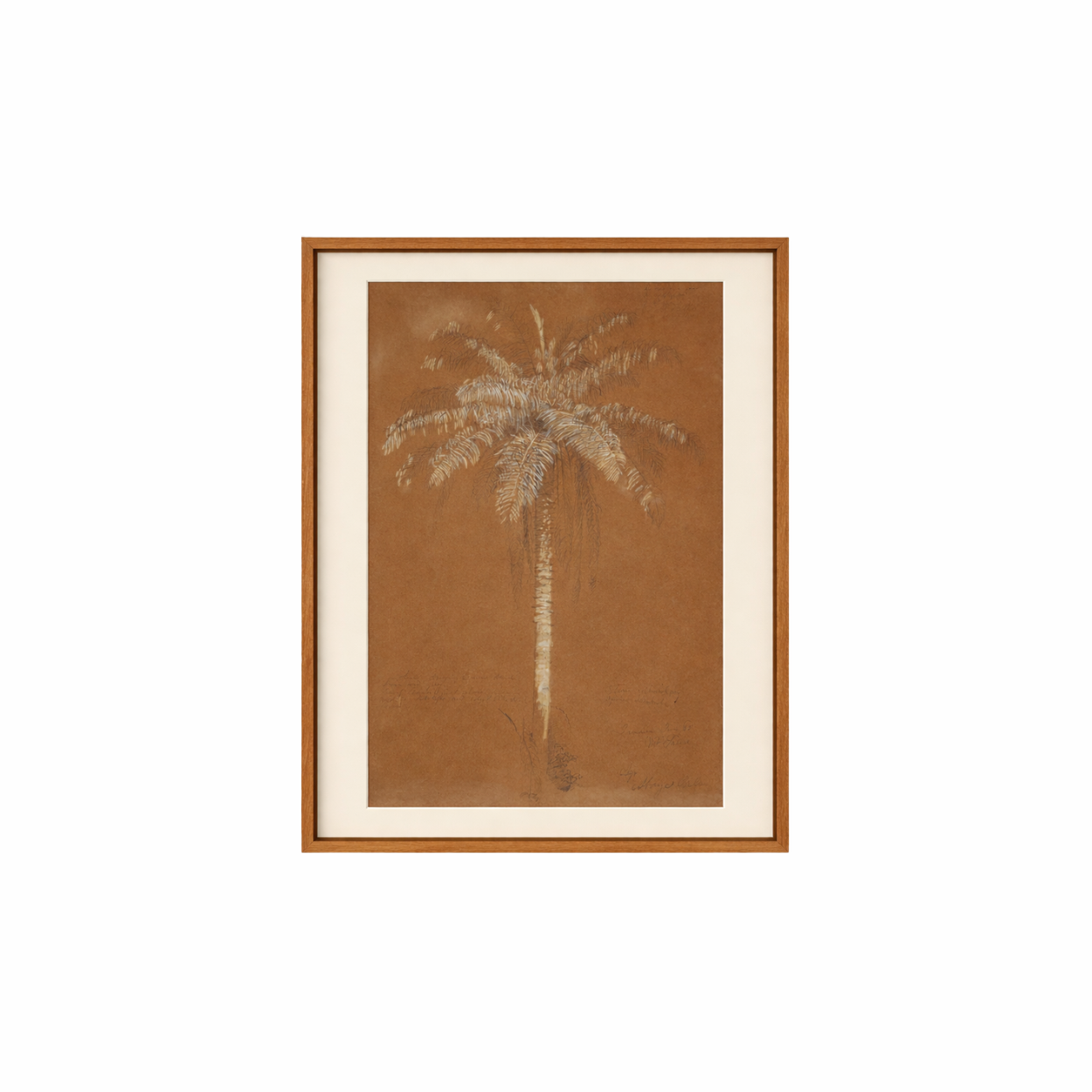 Framed artwork of a palm tree on a brown background