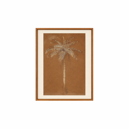 Framed artwork of a palm tree on a brown background