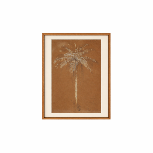 Framed artwork of a palm tree on a brown background