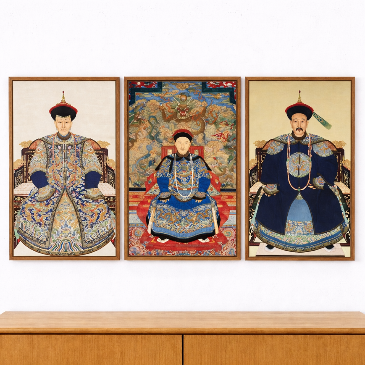 Three framed portraits of a person in traditional attire on a wooden shelf.