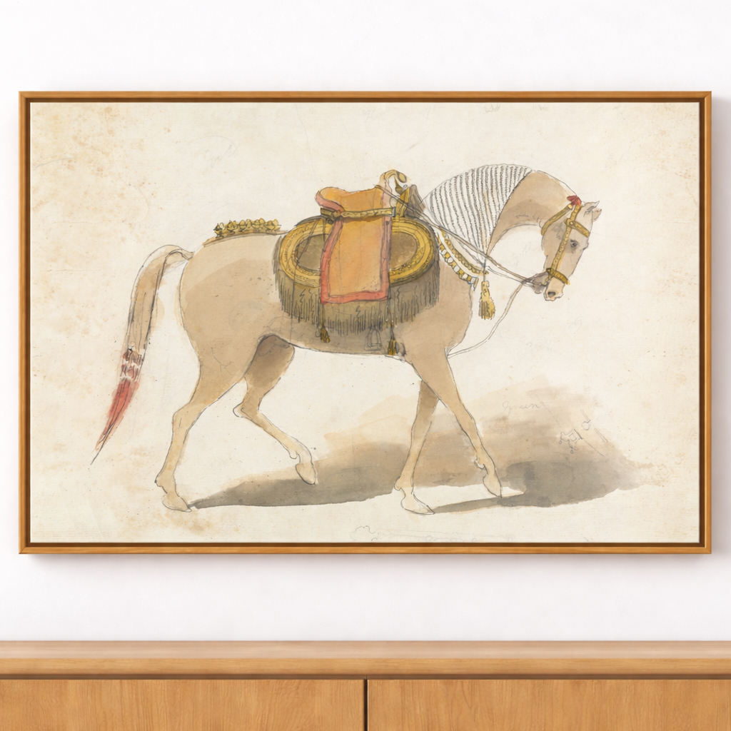 Framed artwork of a horse with a saddle on a wooden surface and white wall background