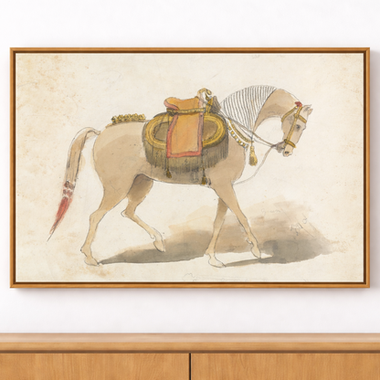 Framed artwork of a horse with a saddle on a wooden surface and white wall background