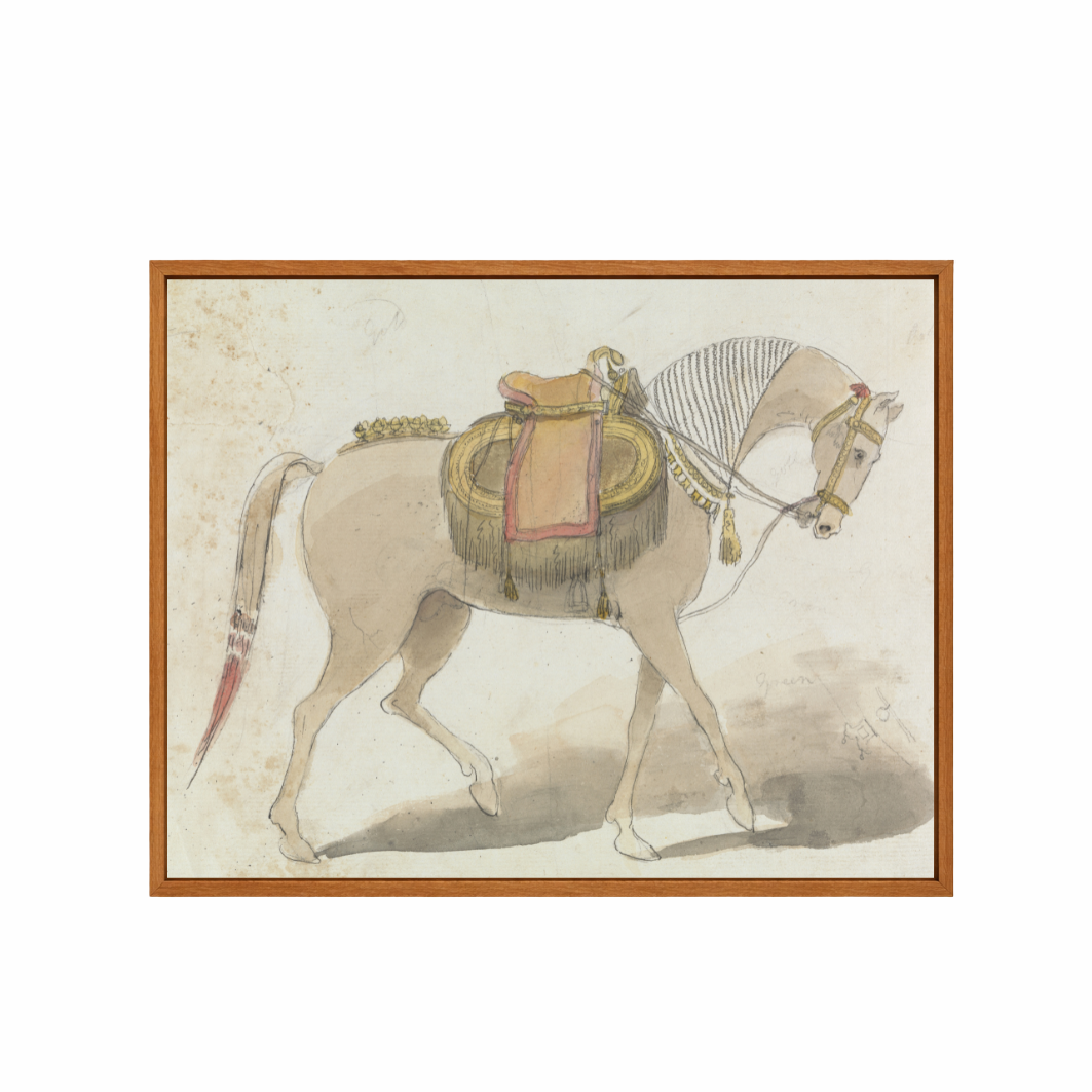 Framed artwork of a horse with a saddle on a plain background