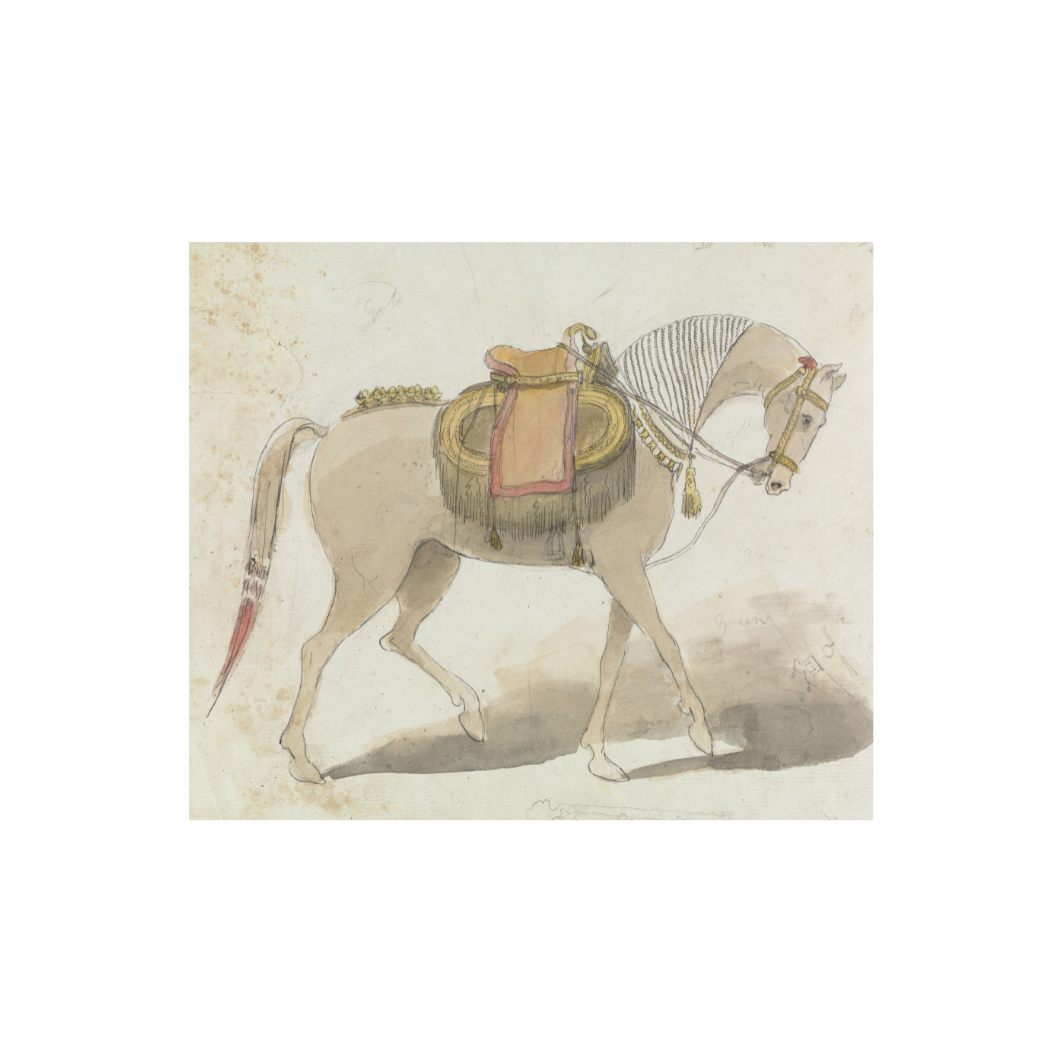 Painting of a horse with a saddle on a textured beige background
