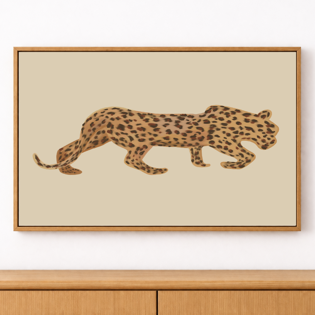 Framed illustration of a leopard on a beige background