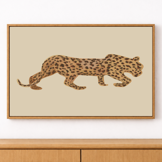 Framed illustration of a leopard on a beige background