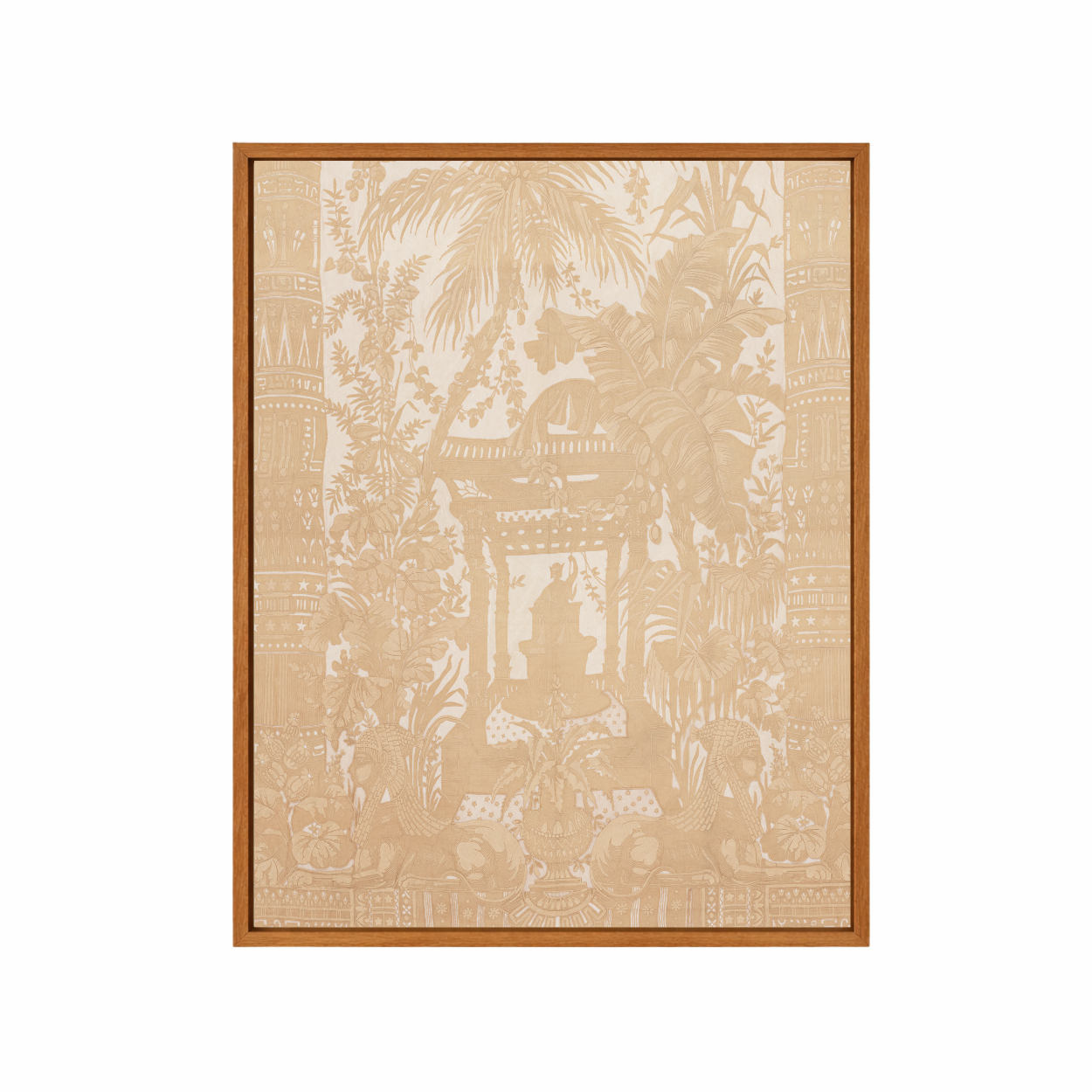Framed colonial pavilion artwork with a beige and brown pattern on a white background