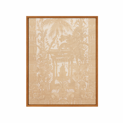 Framed colonial pavilion artwork with a beige and brown pattern on a white background