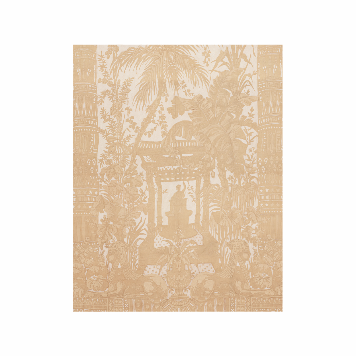 Beige patterned wallpaper with architectural and nature elements on a white background
