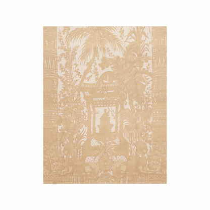Beige patterned wallpaper with architectural and nature elements on a white background
