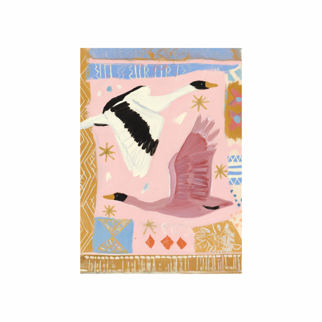 Illustration of two geese flying against a colorful geometric patterned background