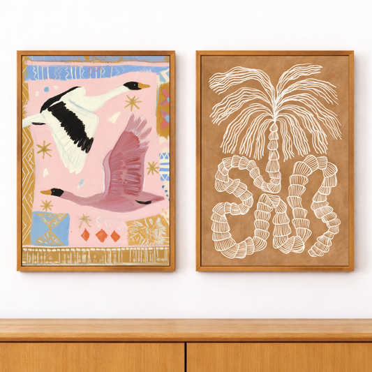 Two framed artworks on a wall, one with birds and the other with abstract an palm palm.