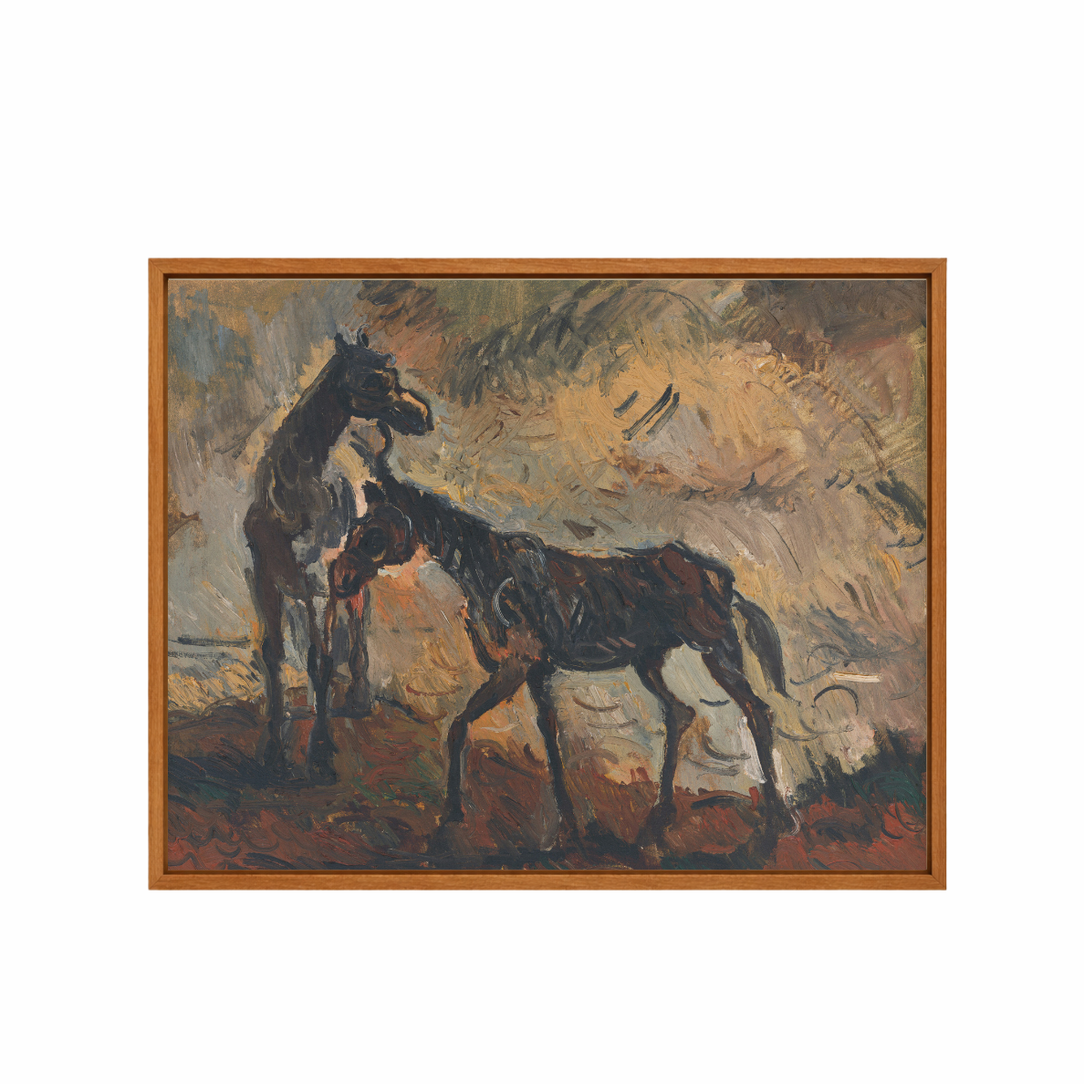 Painting of two horses in a field with a wooden frame.