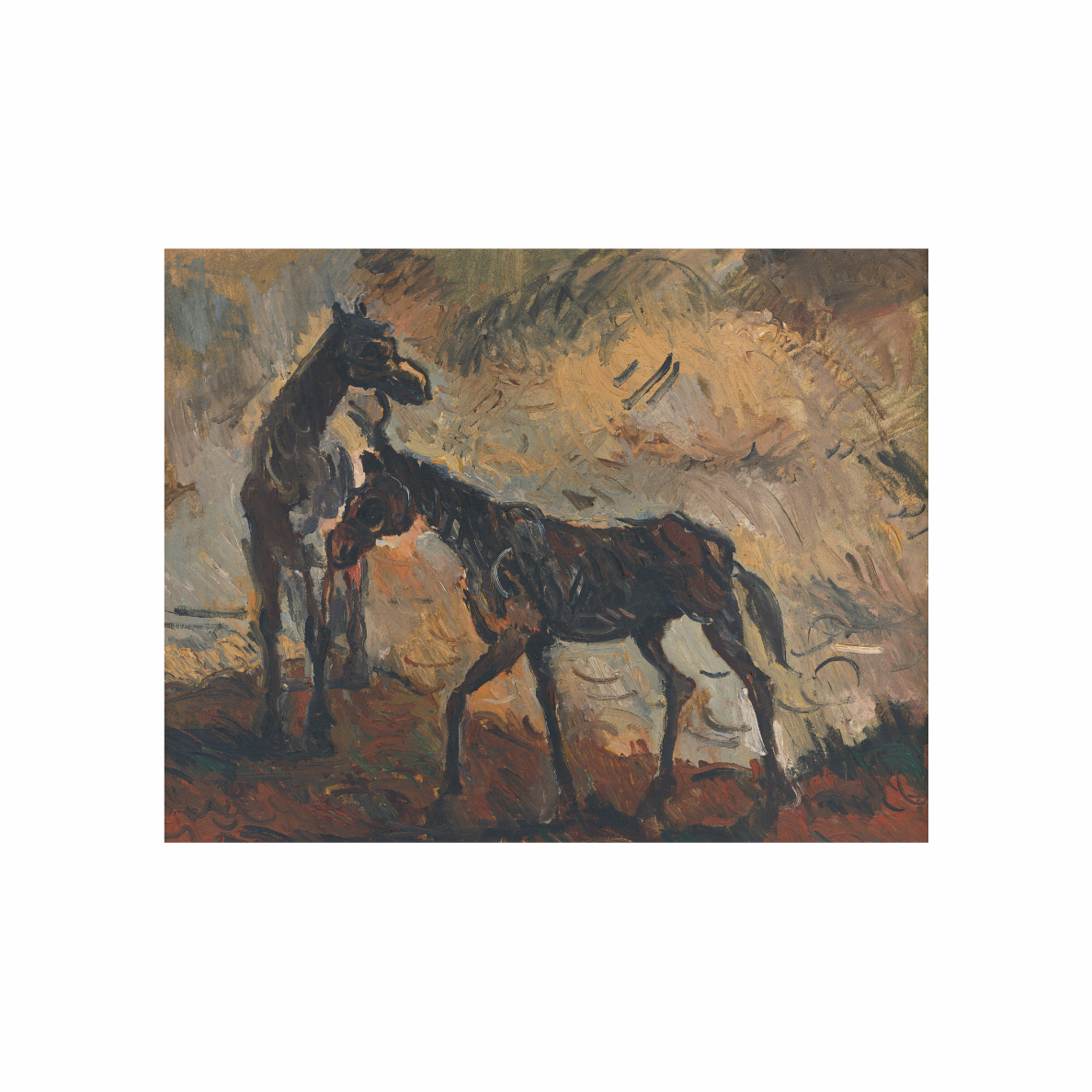 Painting of two horses in a field with a warm, earthy color palette.