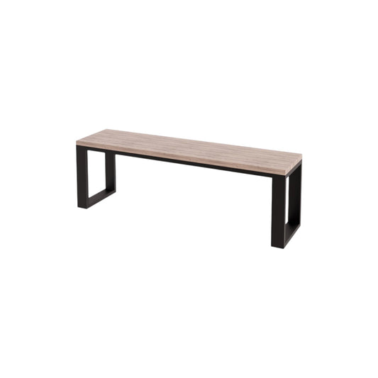 Wooden bench with black metal legs on a white background