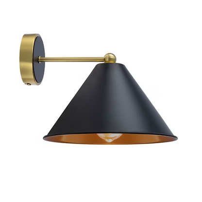 Wall-mounted lamp with black cone-shaped shade and gold arm on a white background