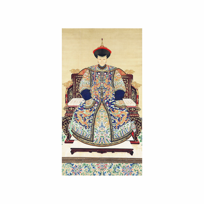 Traditional Chinese portrait of a person in ornate clothing on a decorative background