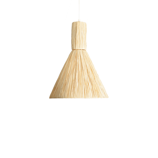 A beige raffia pendant light with a knotted texture and a metal ceiling cup.